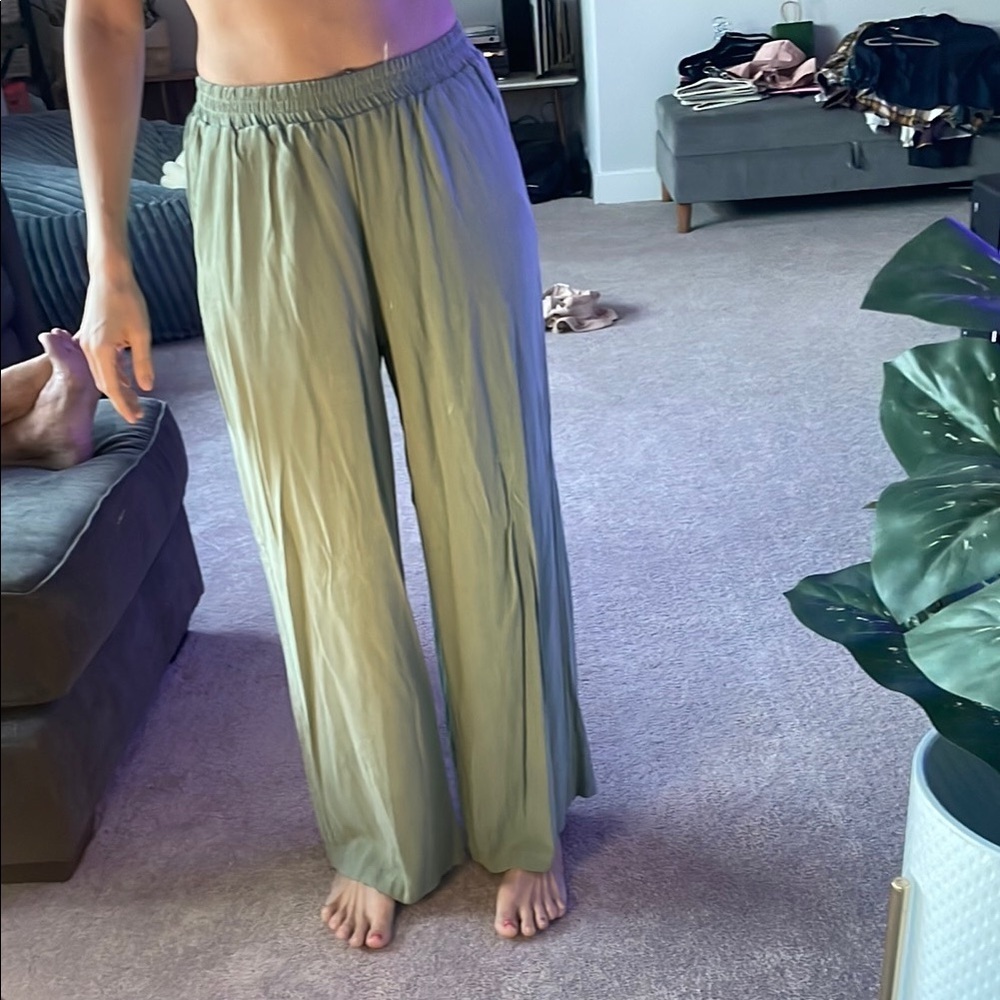 SHEIN Olive Green Wide-Leg Linen Pants
